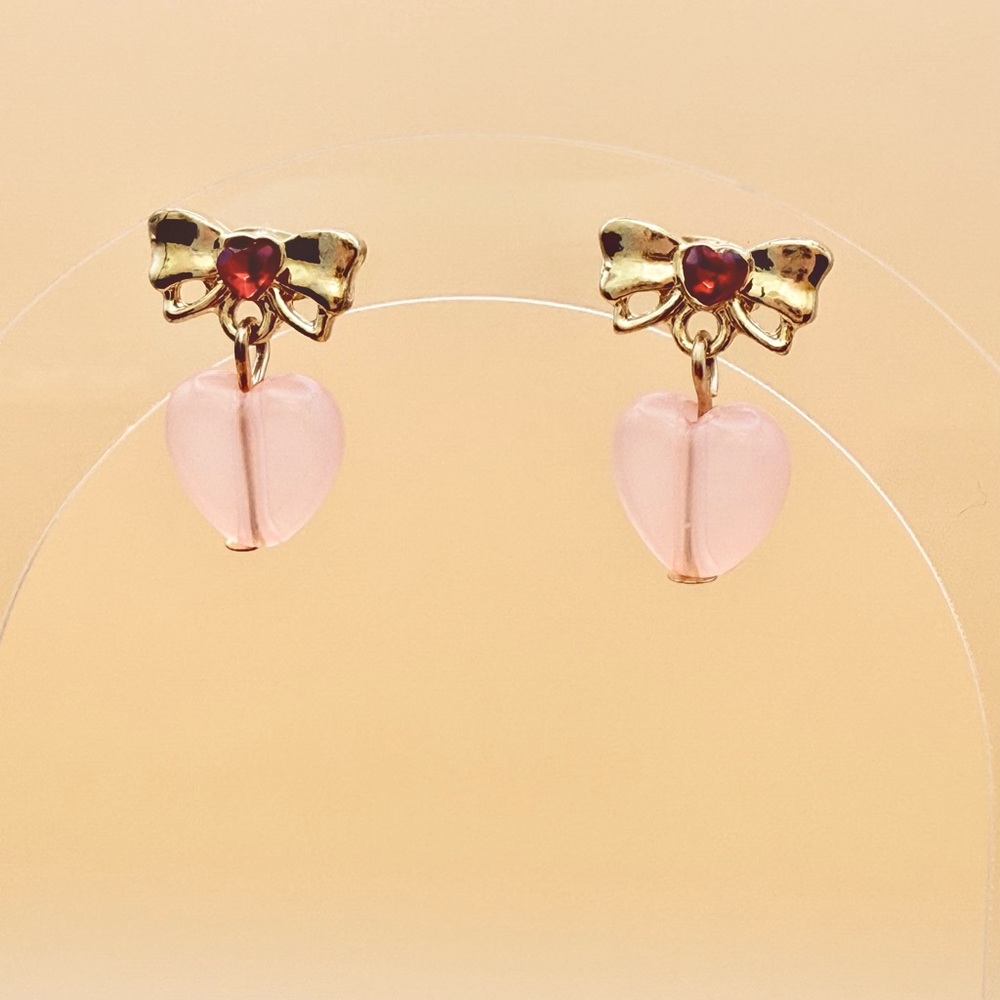Gold Bow Pink Heart Drop Earrings | Cute Feminine Rhinestone Jewelry